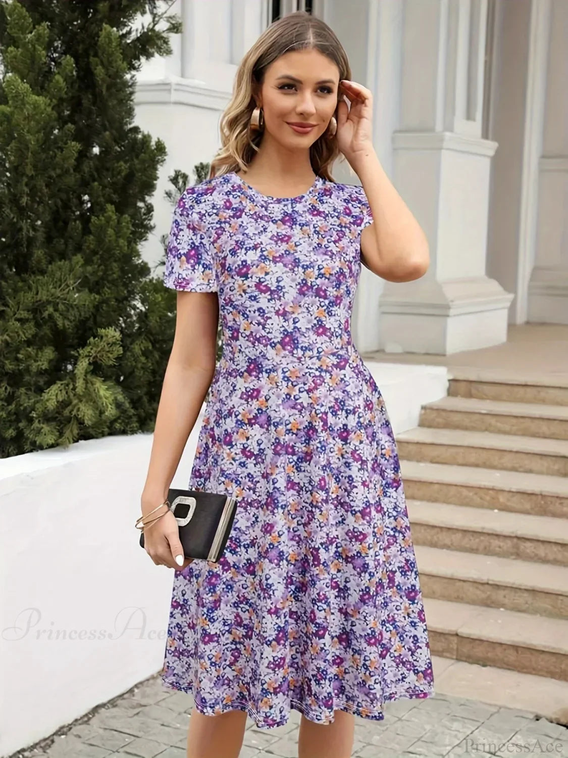 Slim Waist Floral Print Summer Round Neck Dress image 1