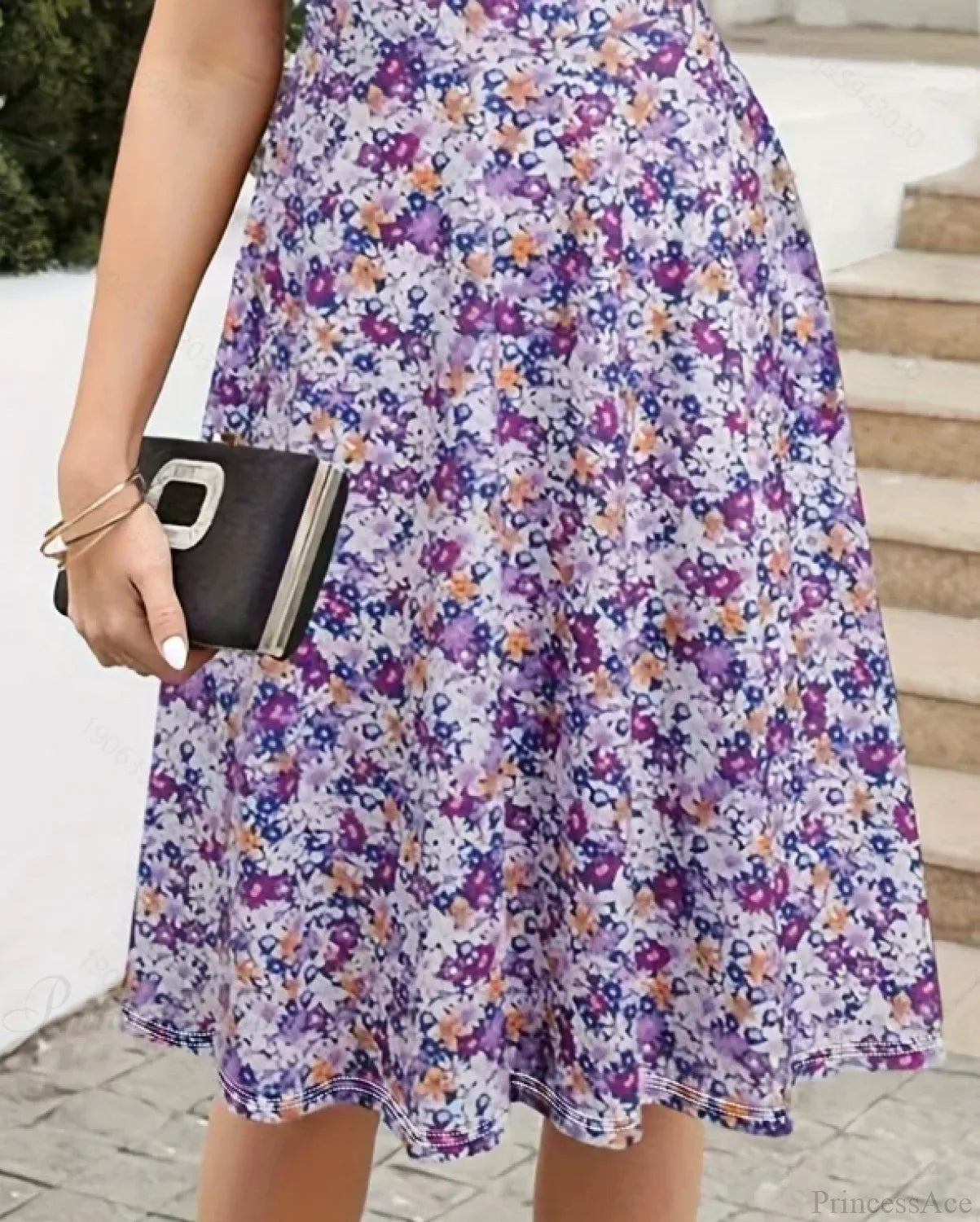 Slim Waist Floral Print Summer Round Neck Dress image 3