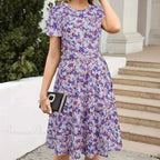 Slim Waist Floral Print Summer Round Neck Dress image 4