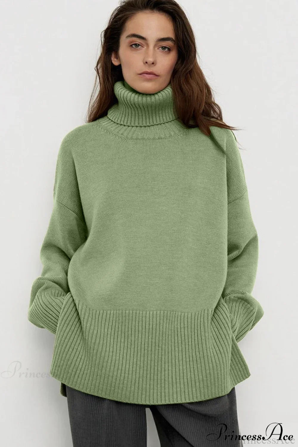 Slit Loose Knit Turtleneck Solid Sweater image 3