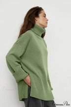 Slit Loose Knit Turtleneck Solid Sweater image 2