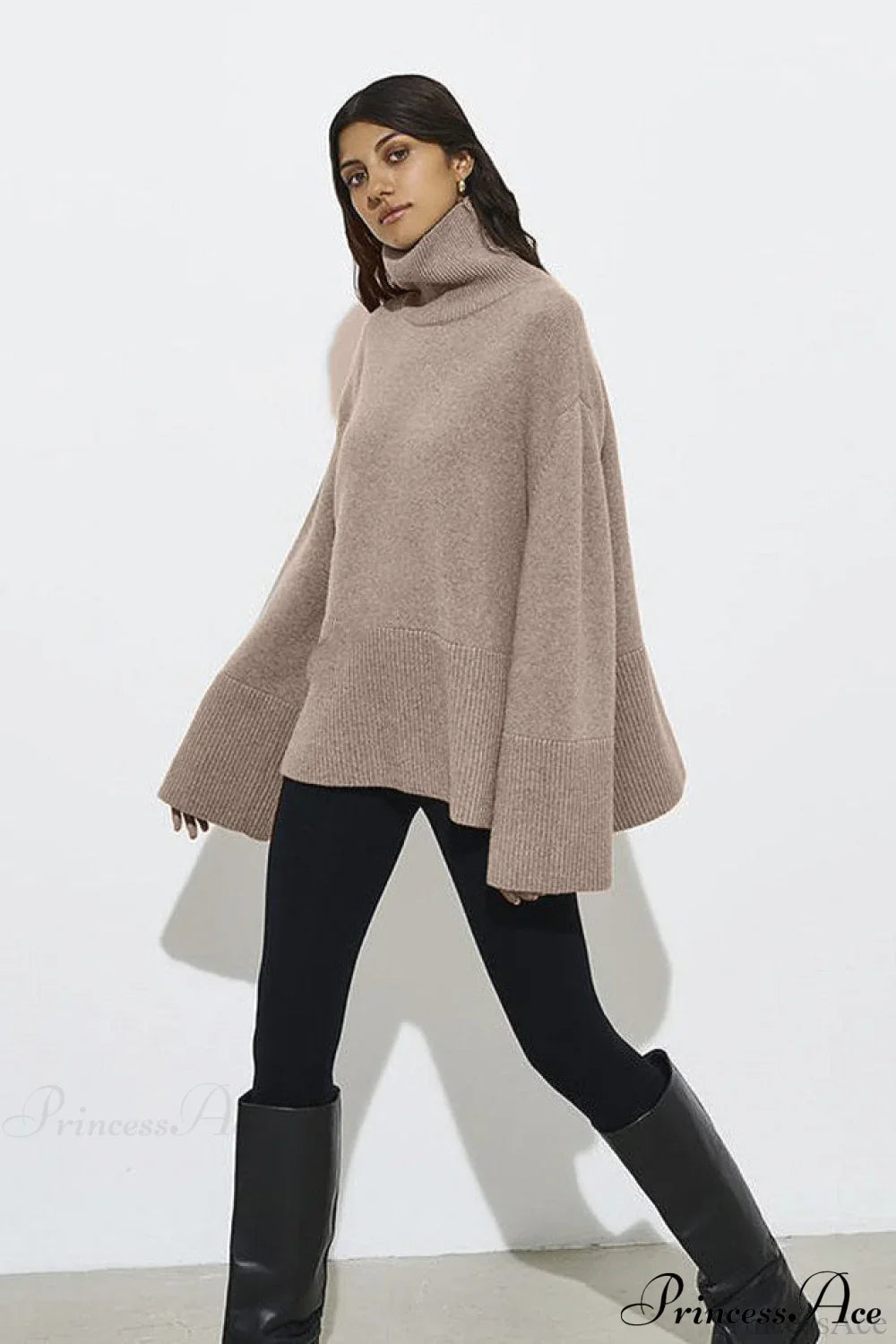 Slit Loose Knit Turtleneck Solid Sweater image 4
