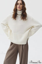 Slit Loose Knit Turtleneck Solid Sweater image 1