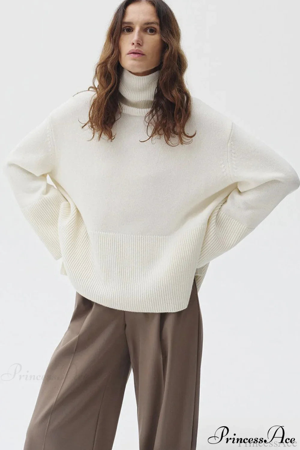 Slit Loose Knit Turtleneck Solid Sweater image 1