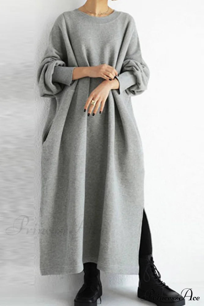 Slit Sweatshirt Dress with Crew Neck image 1