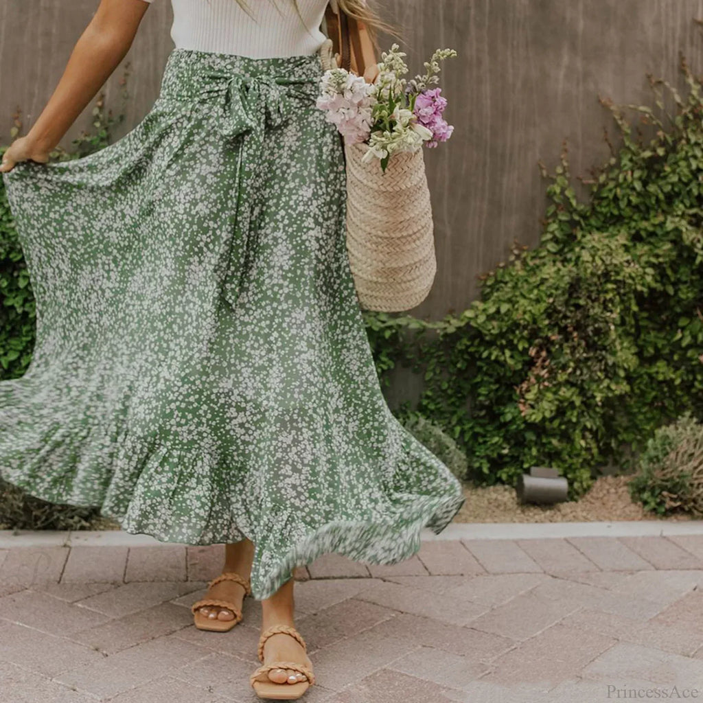 Small Floral Ruffle Korean Style High Waist Swing Long Skirt image 2