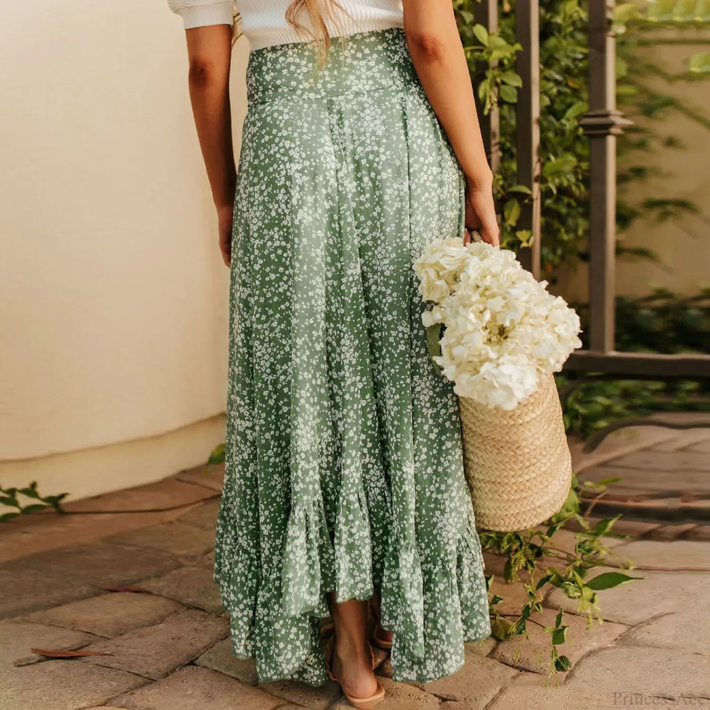Small Floral Ruffle Korean Style High Waist Swing Long Skirt image 4