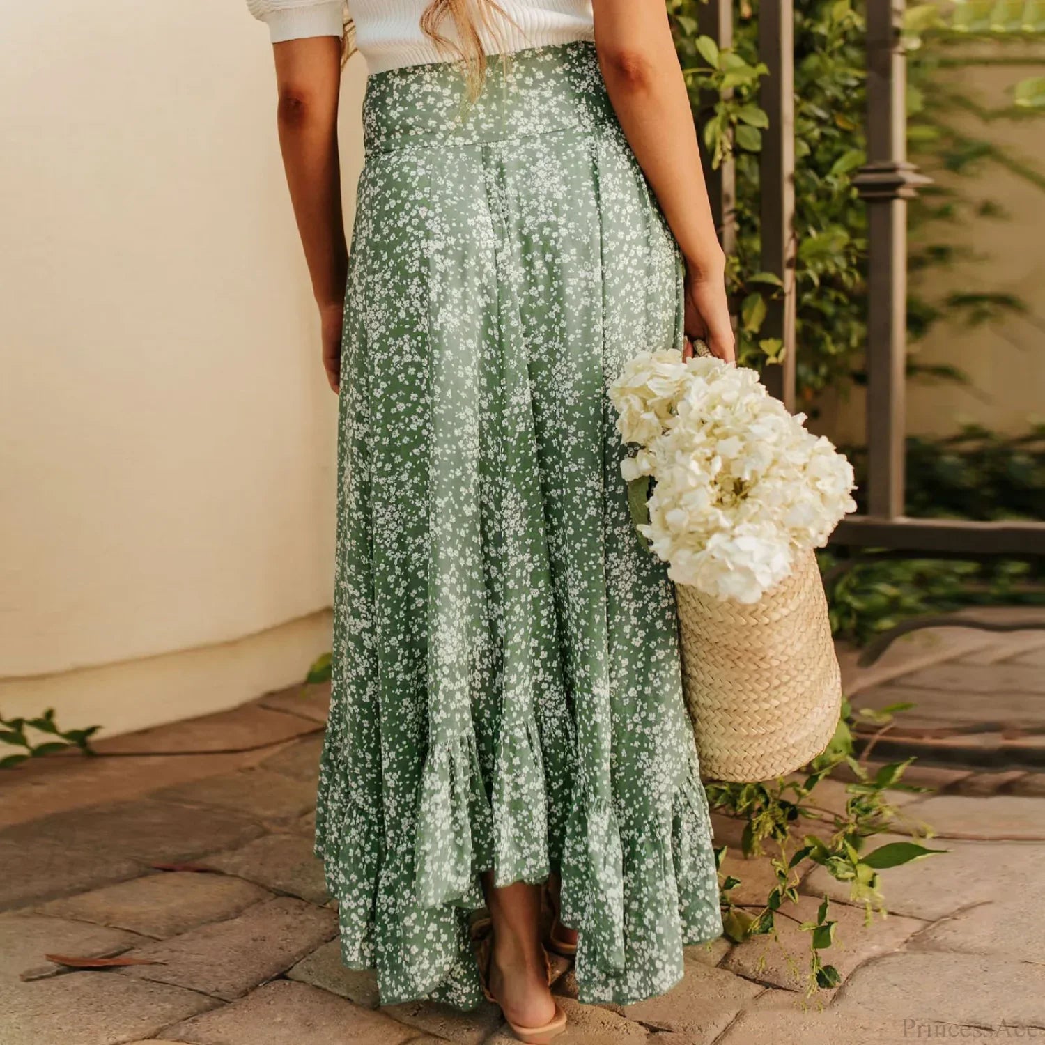 Small Floral Ruffle Korean Style High Waist Swing Long Skirt image 4