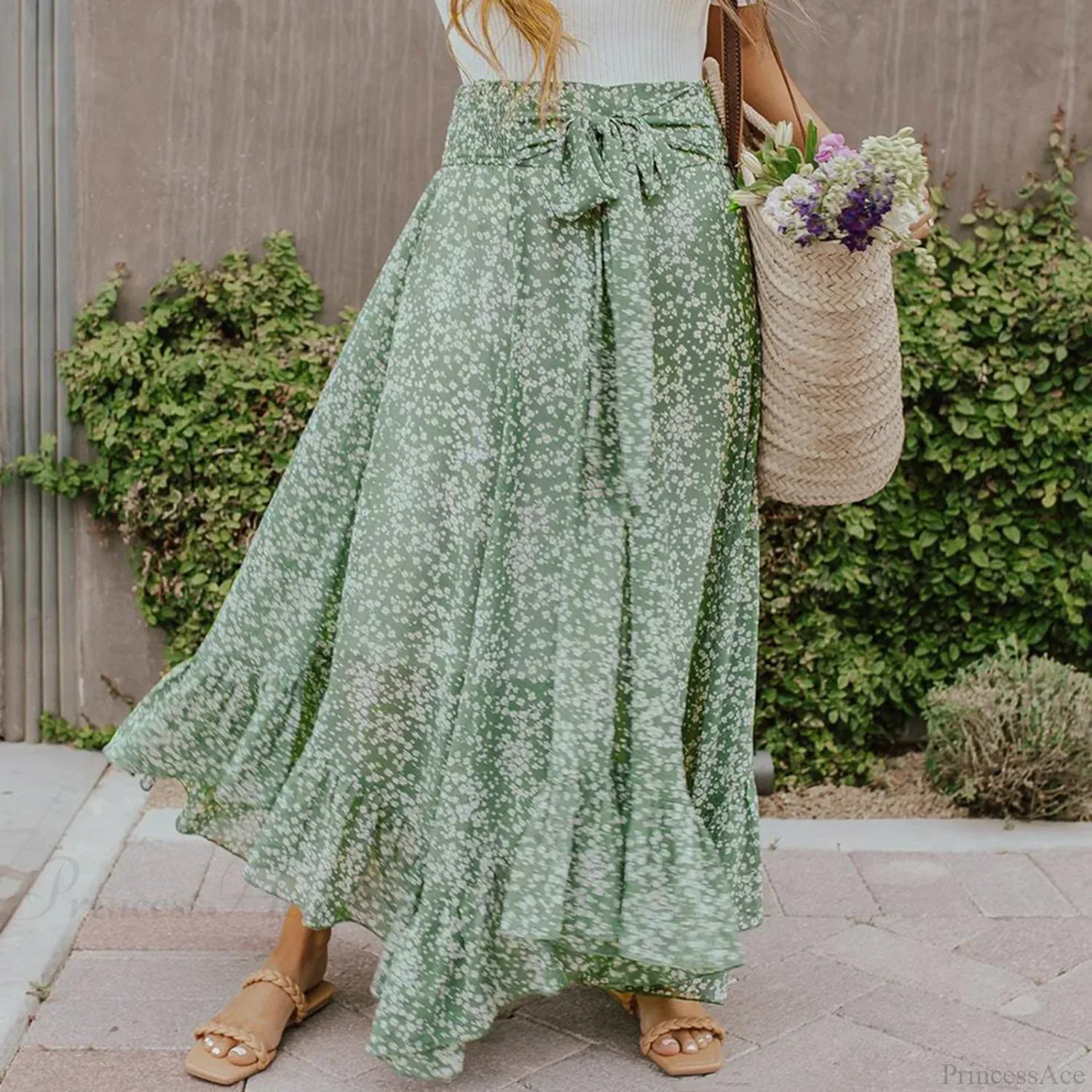 Small Floral Ruffle Korean Style High Waist Swing Long Skirt image 3