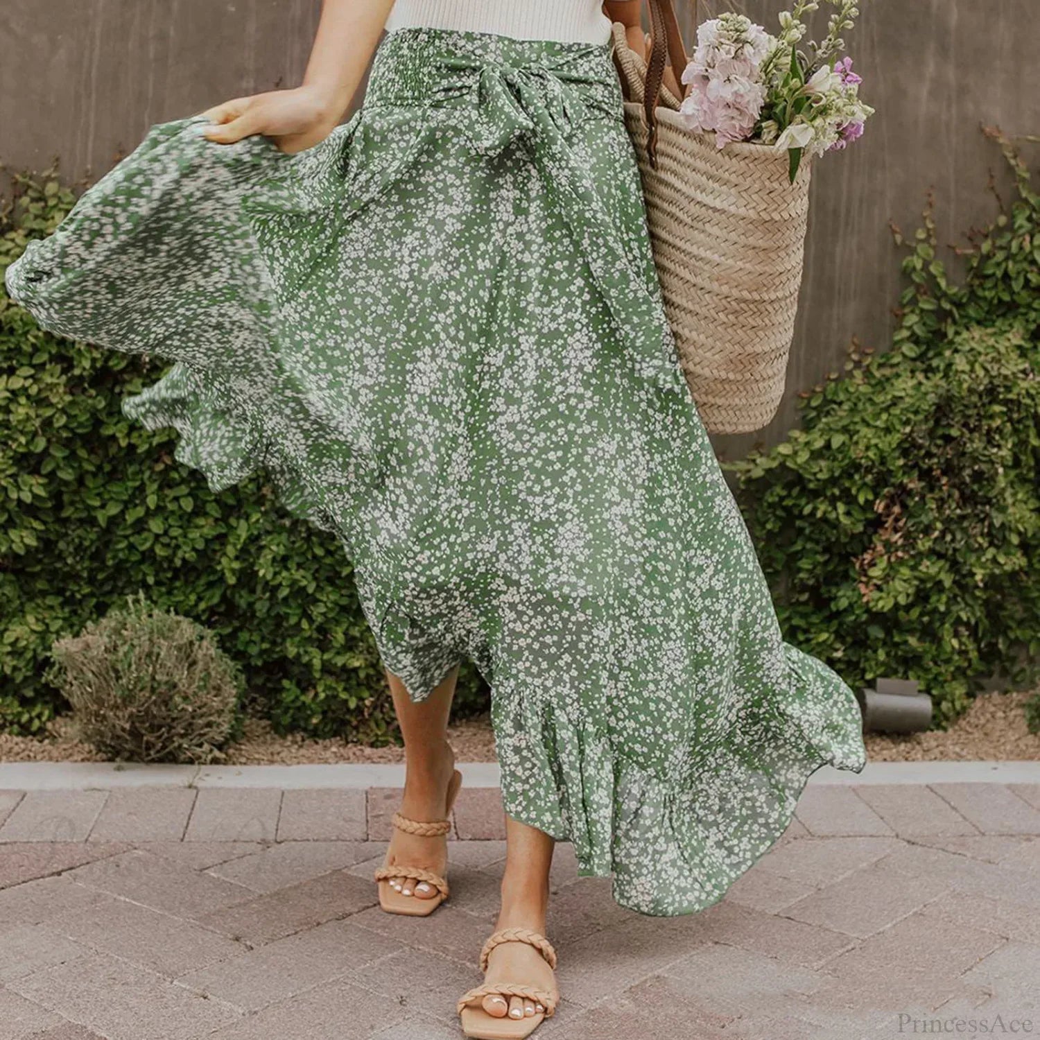 Small Floral Ruffle Korean Style High Waist Swing Long Skirt image 1