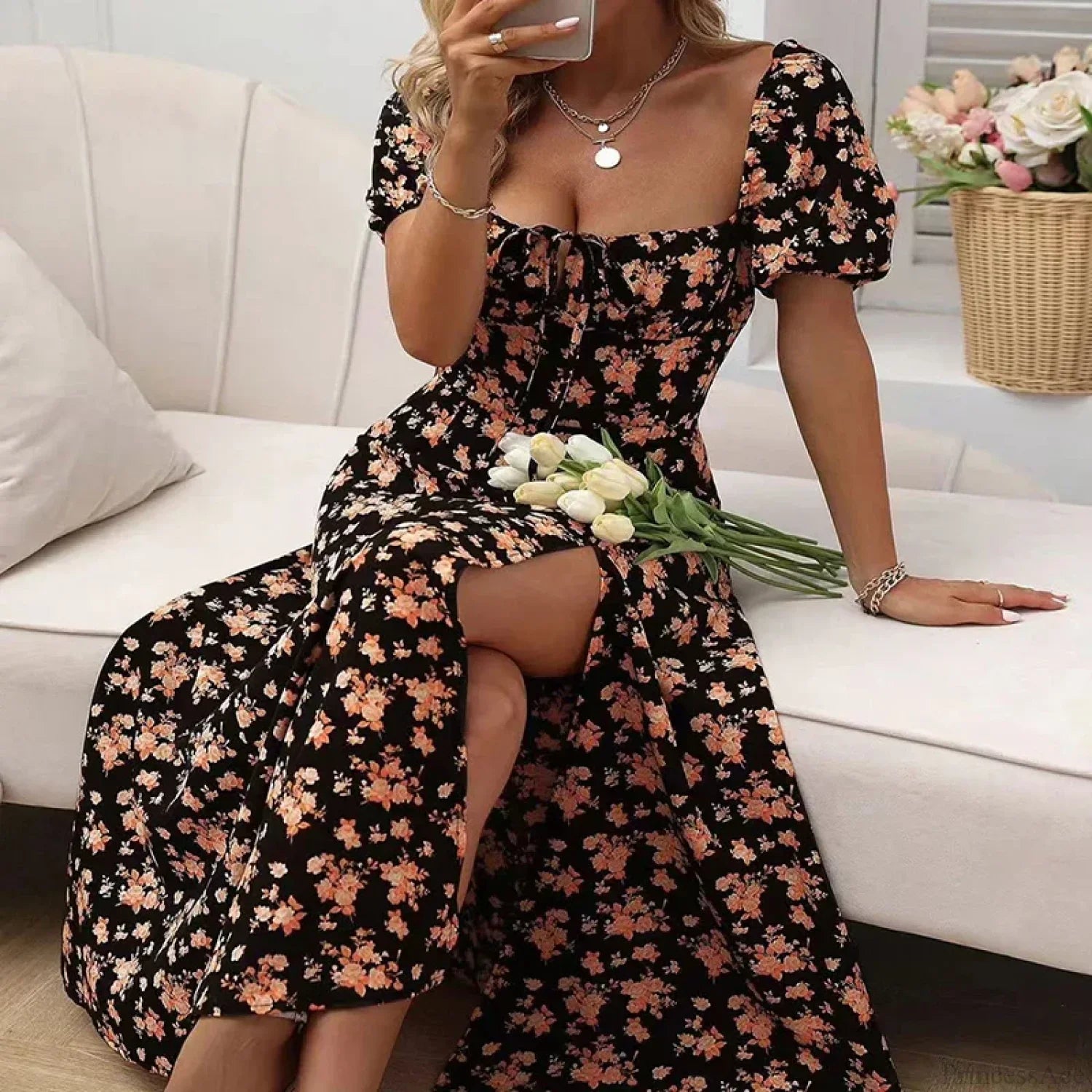 Small Fresh Floral Slim Fit Slit Camisole Floral Dress image 7