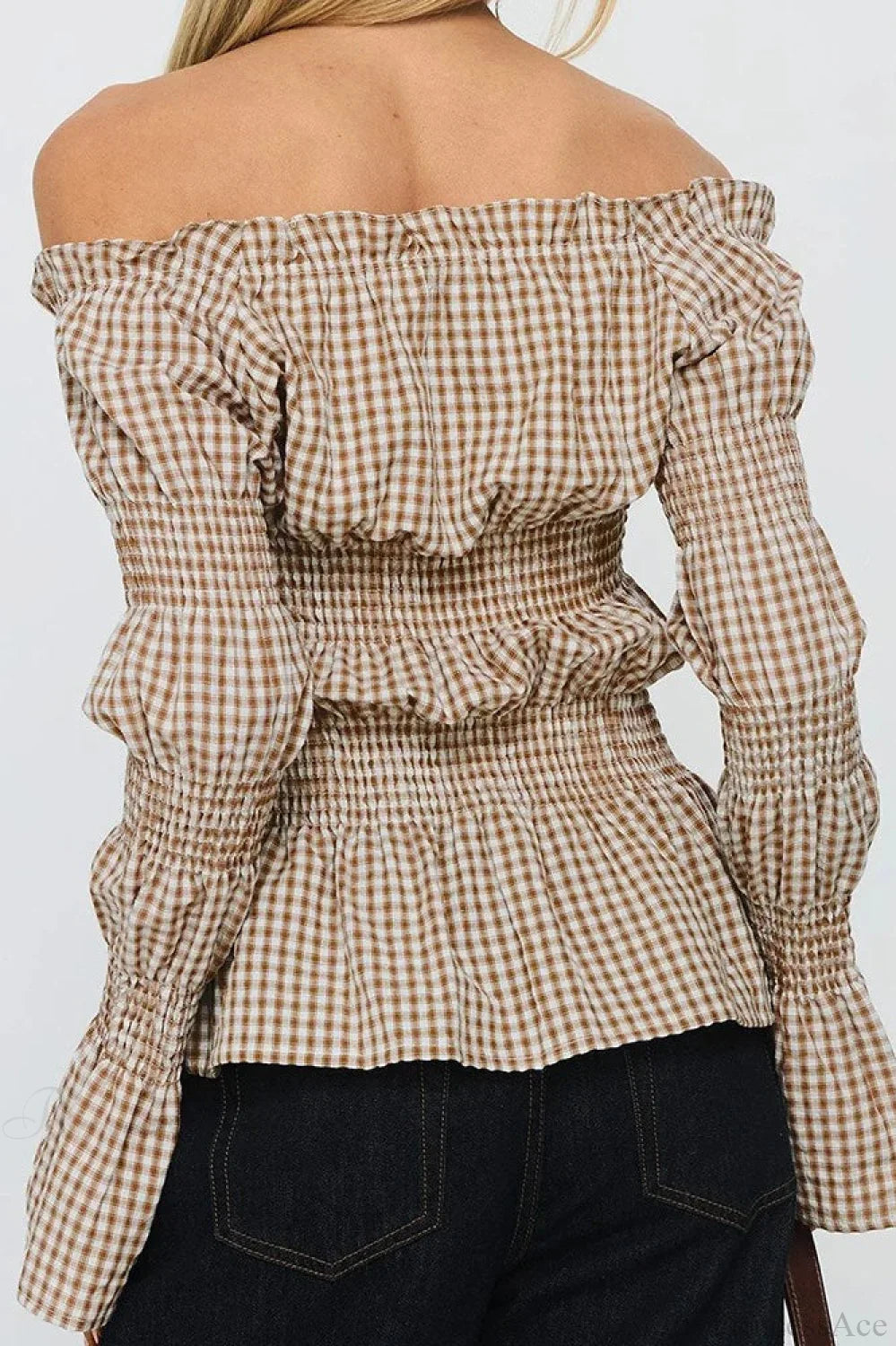 Smocked Plaid Off-the-Shoulder Flared Long Sleeve Blouse image 3