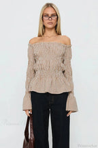 Smocked Plaid Off-the-Shoulder Flared Long Sleeve Blouse image 5
