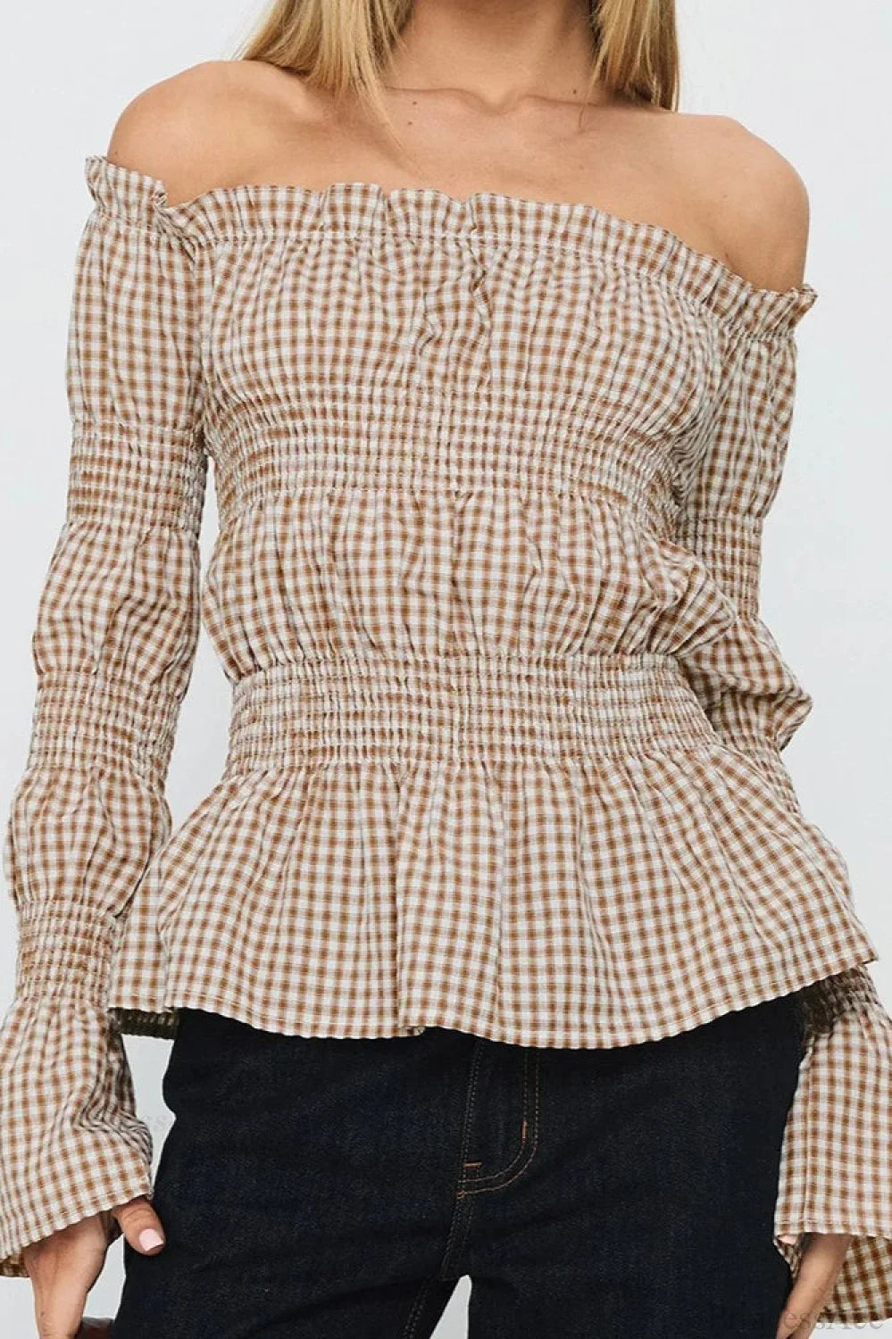 Smocked Plaid Off-the-Shoulder Flared Long Sleeve Blouse image 2