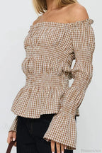 Smocked Plaid Off-the-Shoulder Flared Long Sleeve Blouse image 4