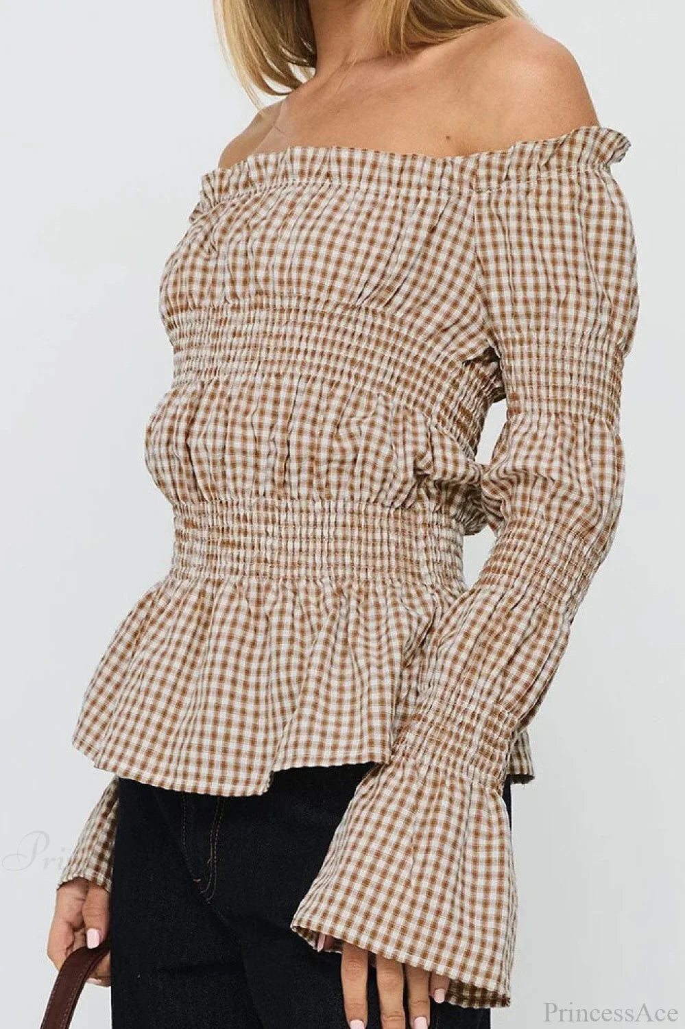 Smocked Plaid Off-the-Shoulder Flared Long Sleeve Blouse image 4