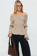 Smocked Plaid Off-the-Shoulder Flared Long Sleeve Blouse image 1