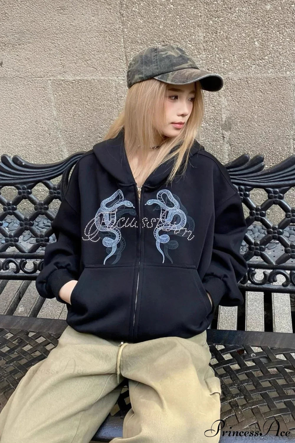 Snake Print Rhinestone Zip Up Cropped Hoodie image 2