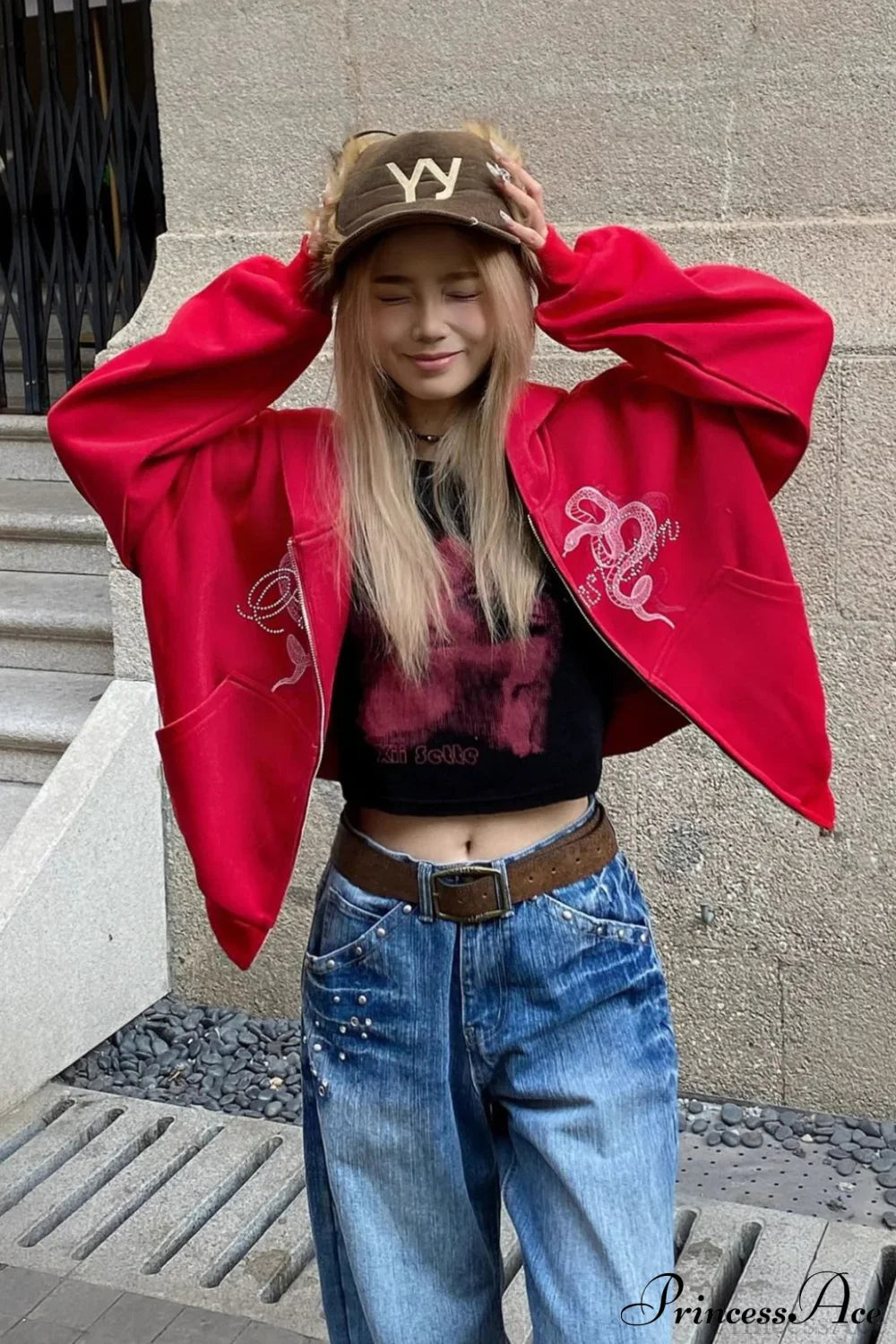 Snake Print Rhinestone Zip Up Cropped Hoodie image 10