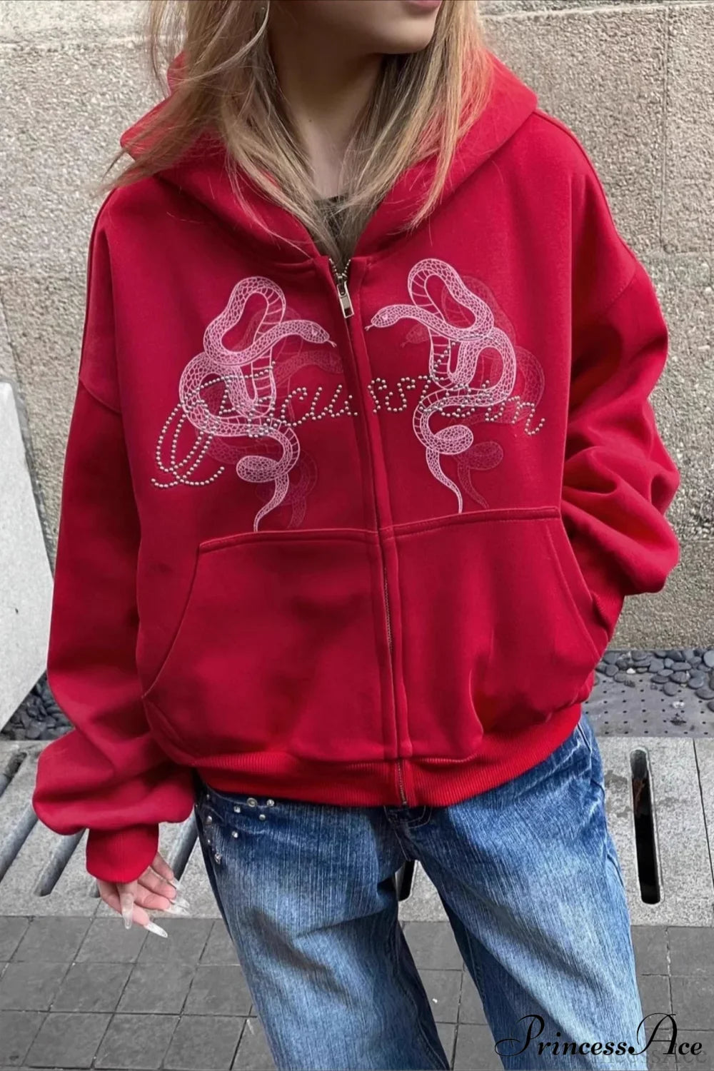 Snake Print Rhinestone Zip Up Cropped Hoodie image 7