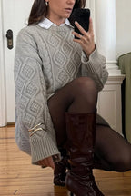 Solid 3D Chunky Cable Argyle Crewneck Loose Sweater image 5