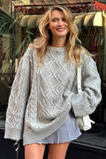 Solid 3D Chunky Cable Argyle Crewneck Loose Sweater image 1