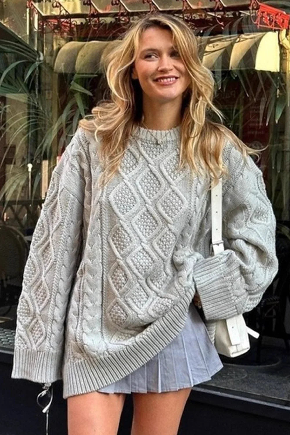 Solid 3D Chunky Cable Argyle Crewneck Loose Sweater image 1