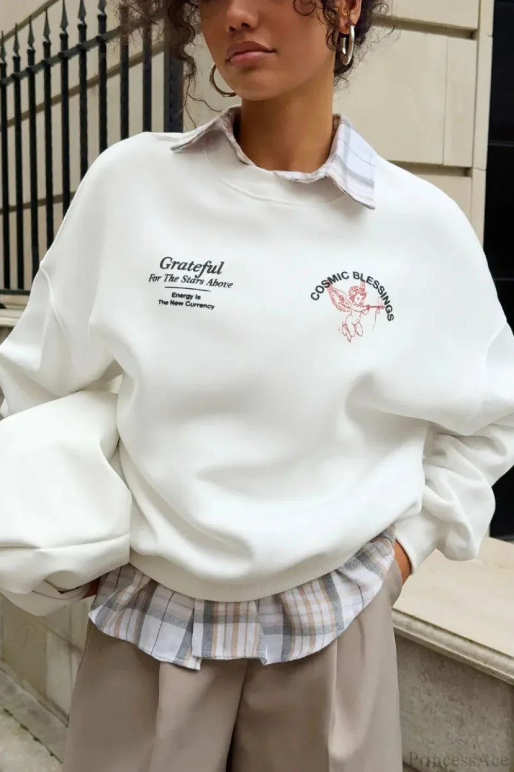 Solid Angel Print Thickened Crew Neck Sweatshirt image 4