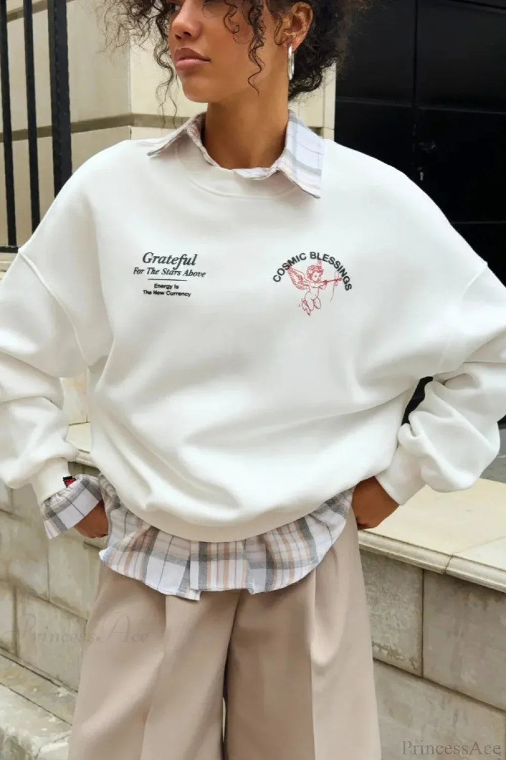 Solid Angel Print Thickened Crew Neck Sweatshirt image 1