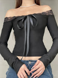 Solid Bow Patchwork Lace Slash Neck Long Sleeve Knit Top image 1