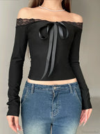 Solid Bow Patchwork Lace Slash Neck Long Sleeve Knit Top image 3