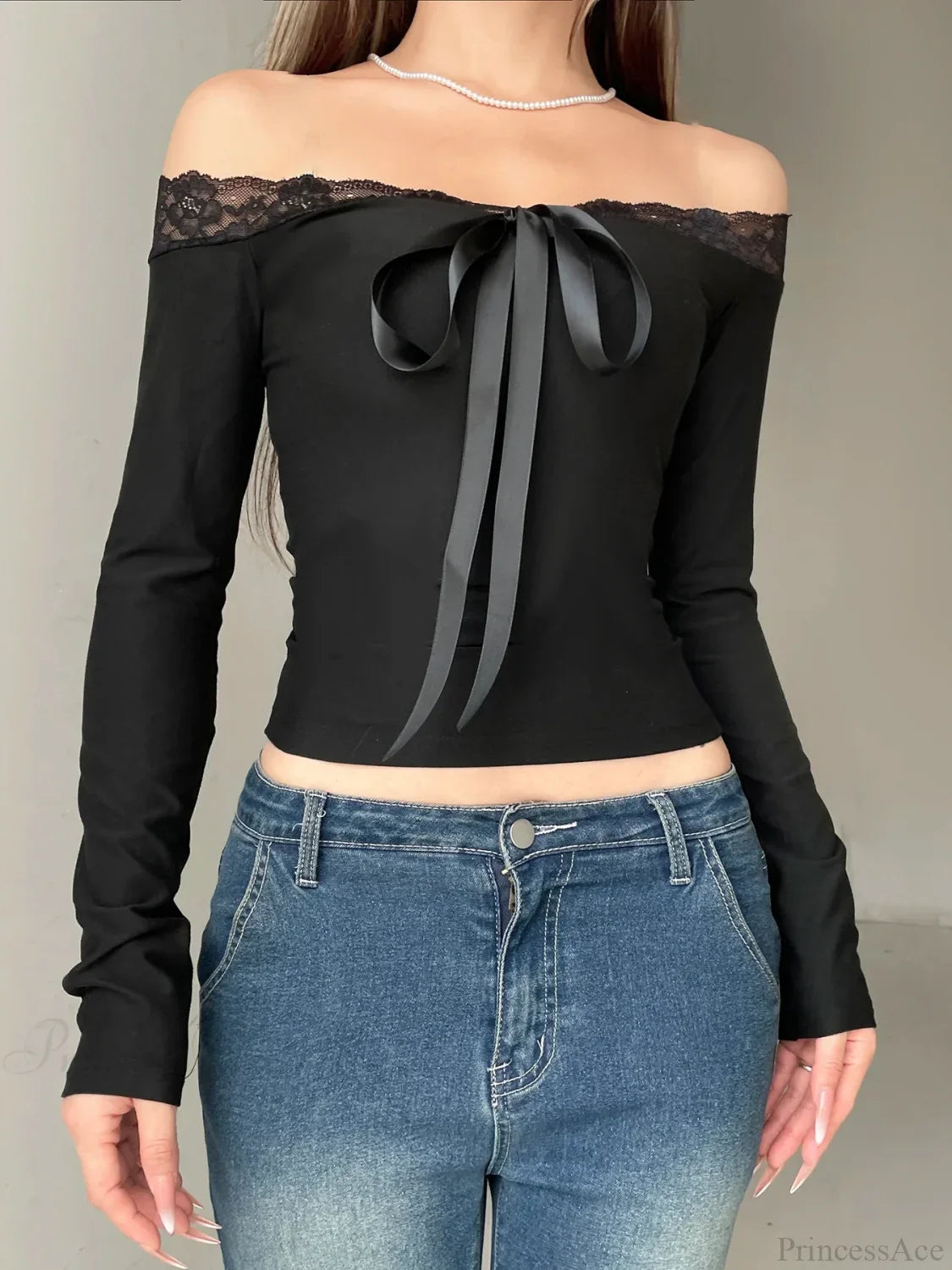 Solid Bow Patchwork Lace Slash Neck Long Sleeve Knit Top image 3