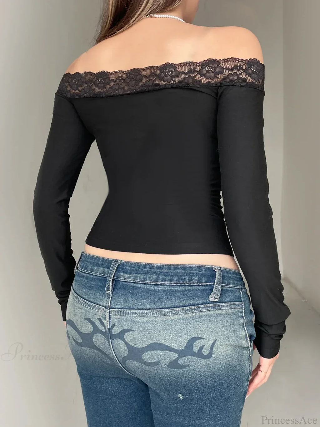 Solid Bow Patchwork Lace Slash Neck Long Sleeve Knit Top image 2