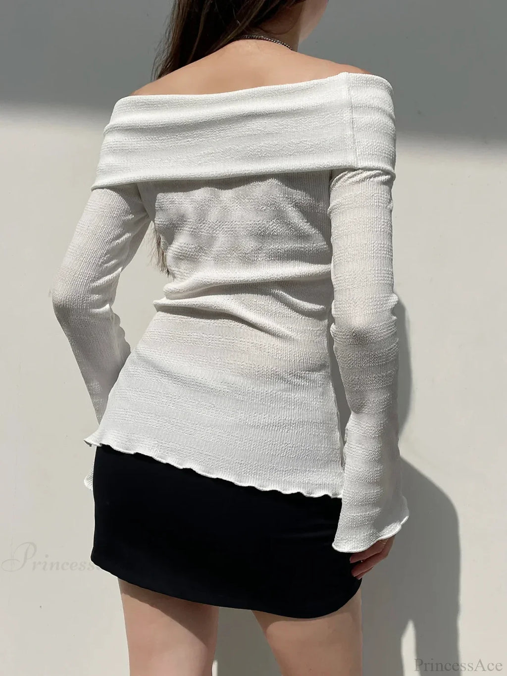Solid Bow Split Slash Neck Slim Flare Sleeve Long Sleeve Knit Top image 1