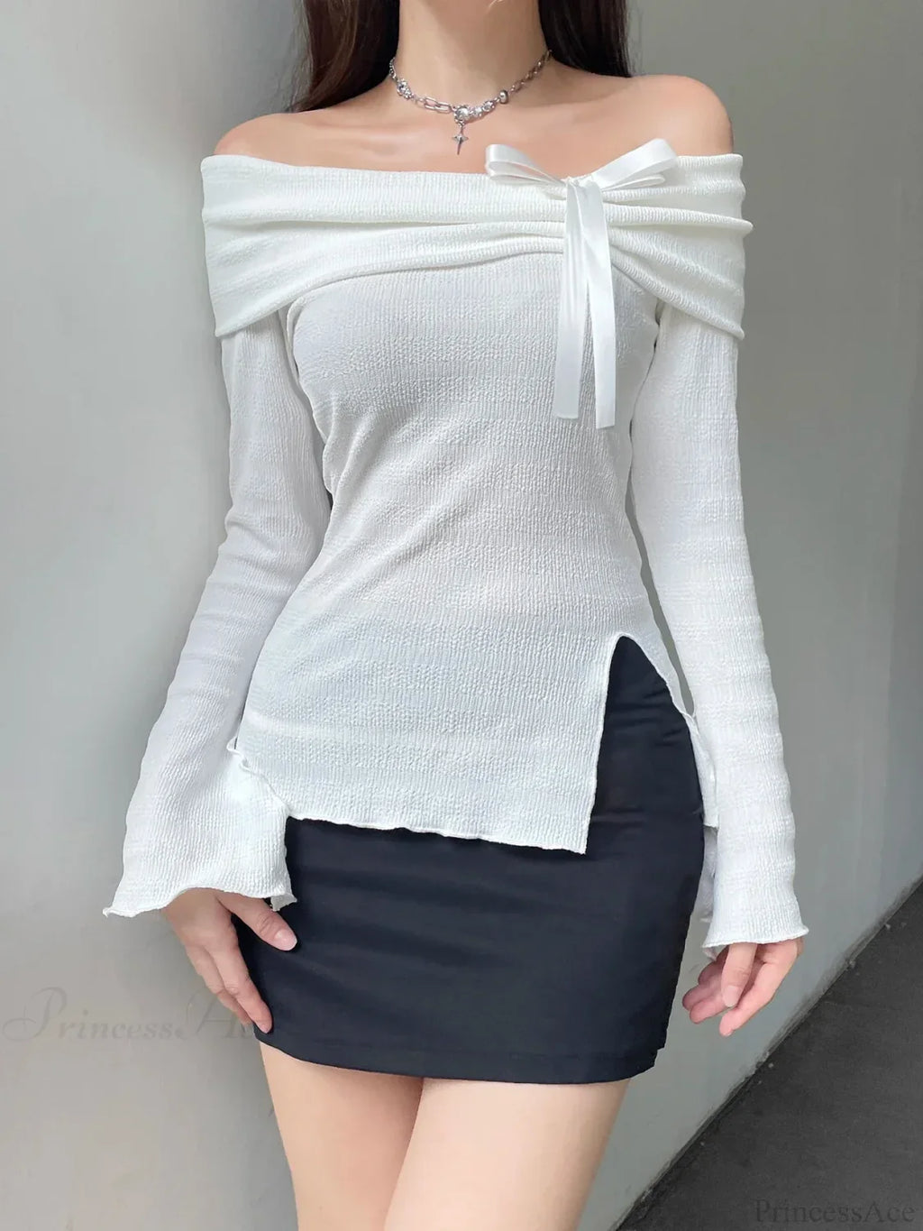 Solid Bow Split Slash Neck Slim Flare Sleeve Long Sleeve Knit Top image 2