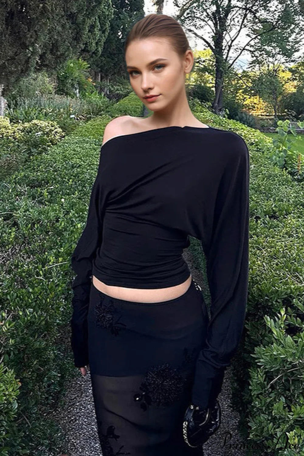 Solid Color Asymmetric Shoulder Cutout Long Sleeve Blouse image 2