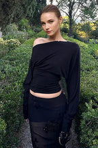 Solid Color Asymmetric Shoulder Cutout Long Sleeve Blouse image 2