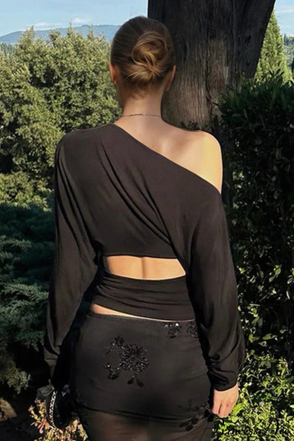 Solid Color Asymmetric Shoulder Cutout Long Sleeve Blouse image 3