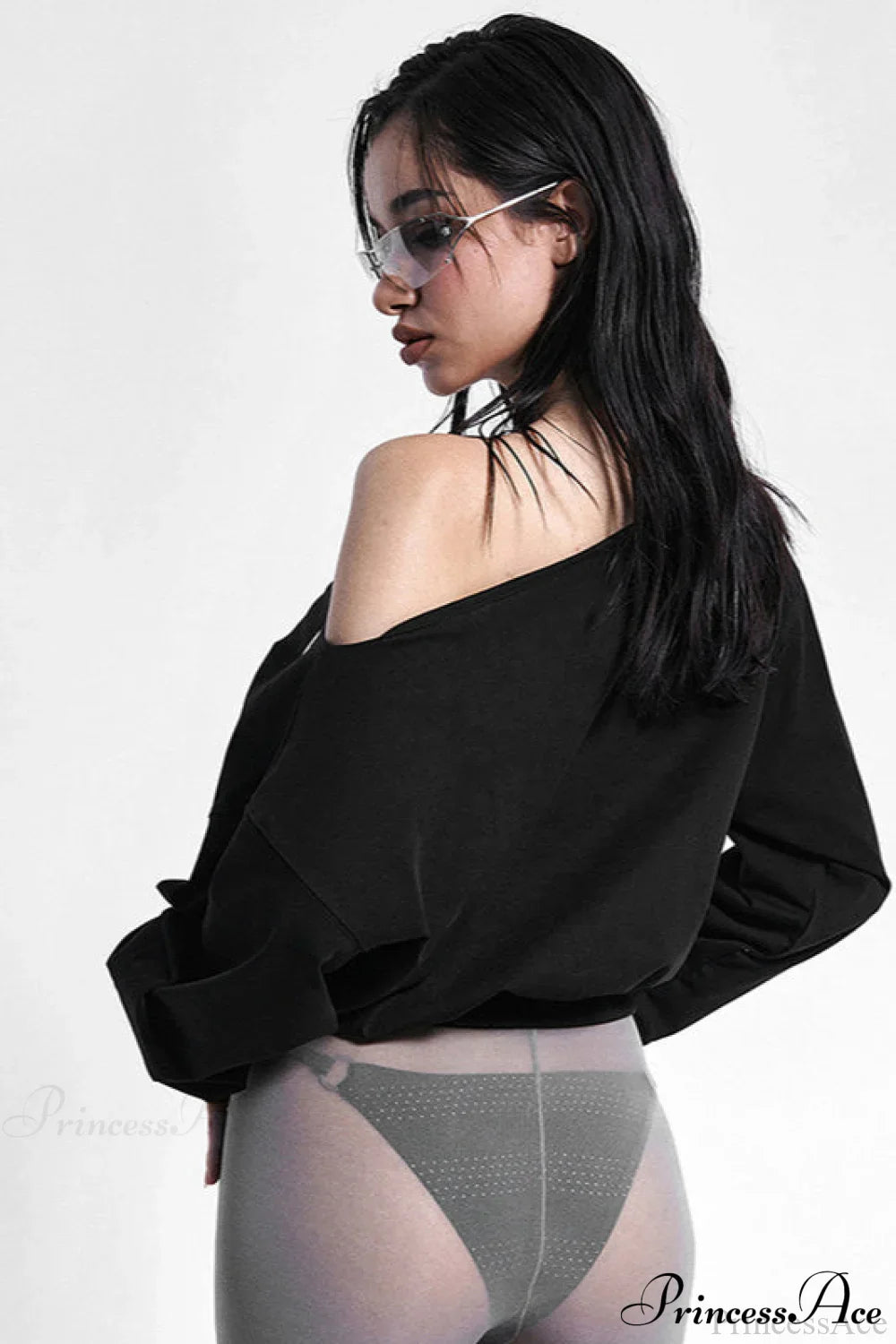 Solid Color Asymmetric Shoulder Cutout Long Sleeve Blouse image 3