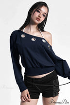 Solid Color Asymmetric Shoulder Cutout Long Sleeve Blouse image 2