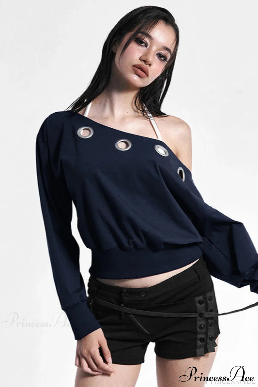 Solid Color Asymmetric Shoulder Cutout Long Sleeve Blouse image 2