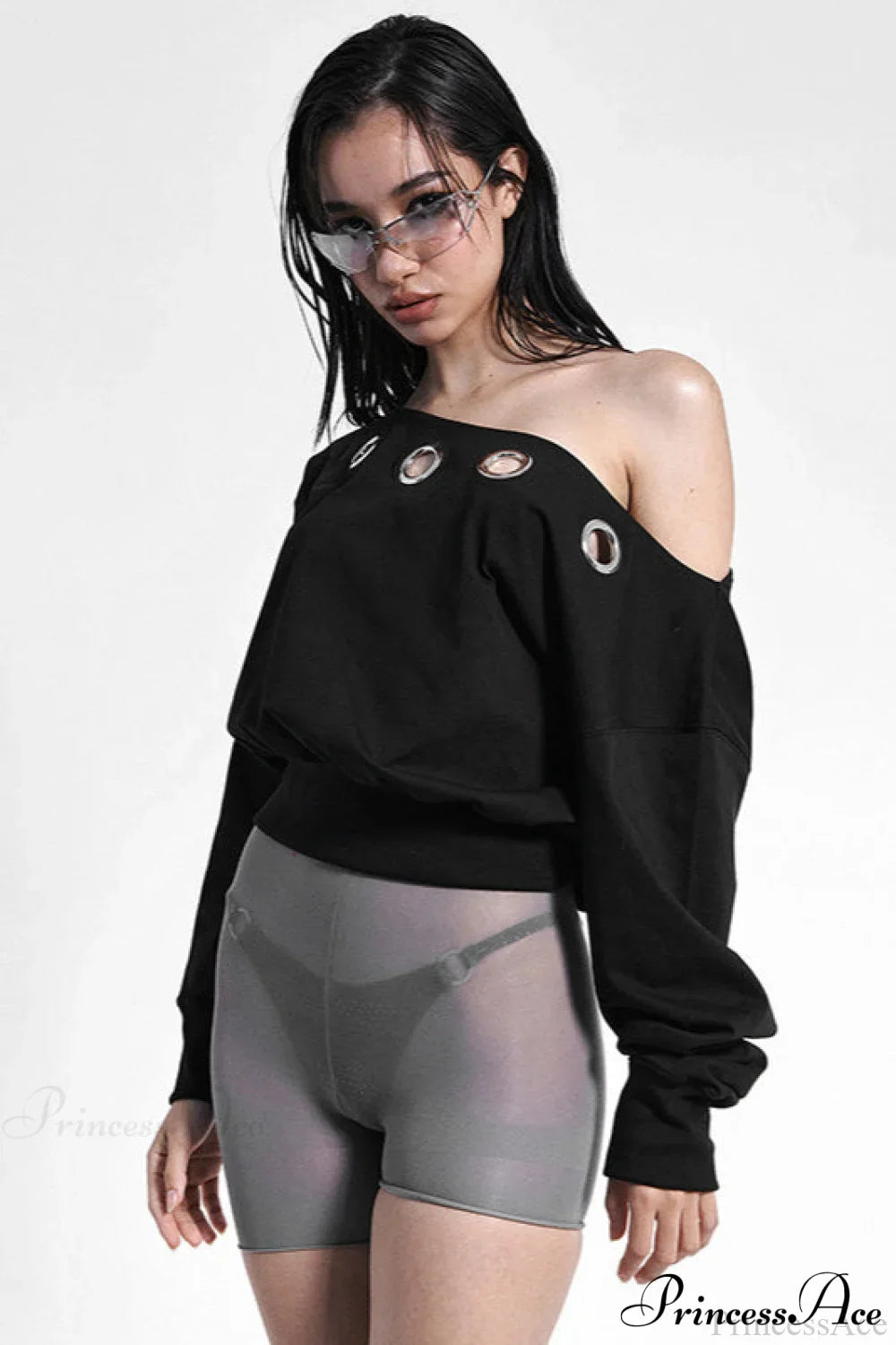 Solid Color Asymmetric Shoulder Cutout Long Sleeve Blouse image 1