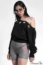 Solid Color Asymmetric Shoulder Cutout Long Sleeve Blouse image 1