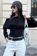 Solid Color Asymmetric Shoulder Cutout Long Sleeve Blouse image 1