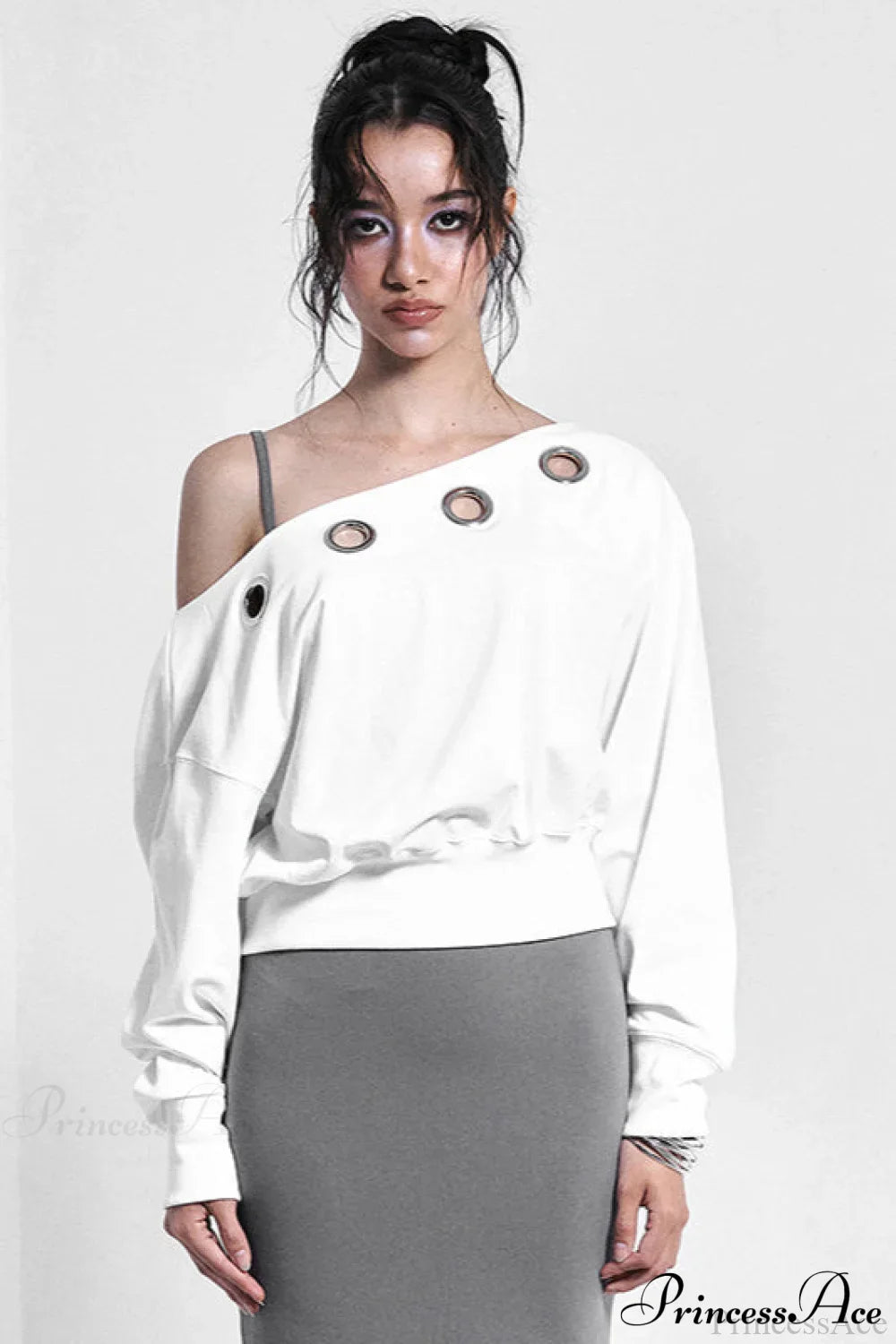 Solid Color Asymmetric Shoulder Cutout Long Sleeve Blouse image 4