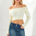 Solid Color Boat Neck Crop Sweater image 7
