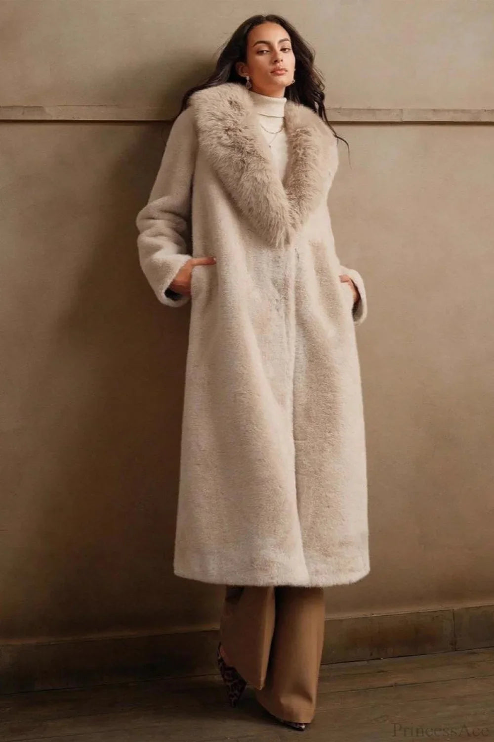 Solid Color Casual Furry Collar Faux Fur Overcoat image 2
