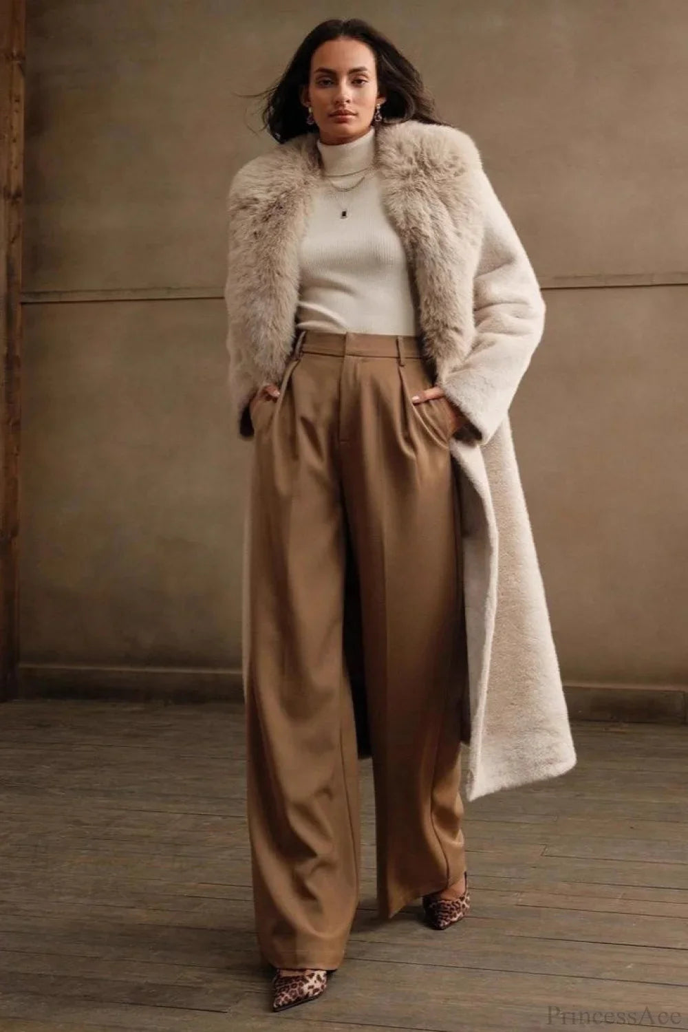 Solid Color Casual Furry Collar Faux Fur Overcoat image 3