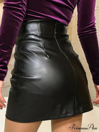 Solid Color Casual High Waist Pencil Elegant Faux Leather Ladies Trendy Skirt image 4