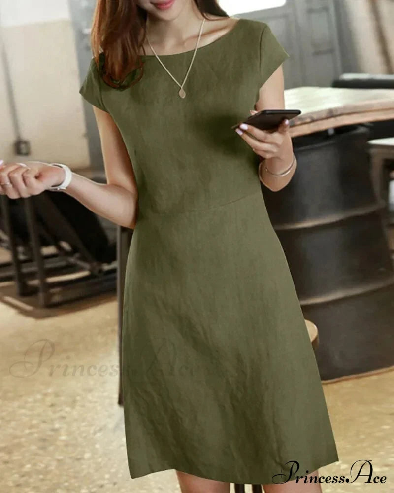 Solid Color Cotton and Linen Short-Sleeved Dress image 5